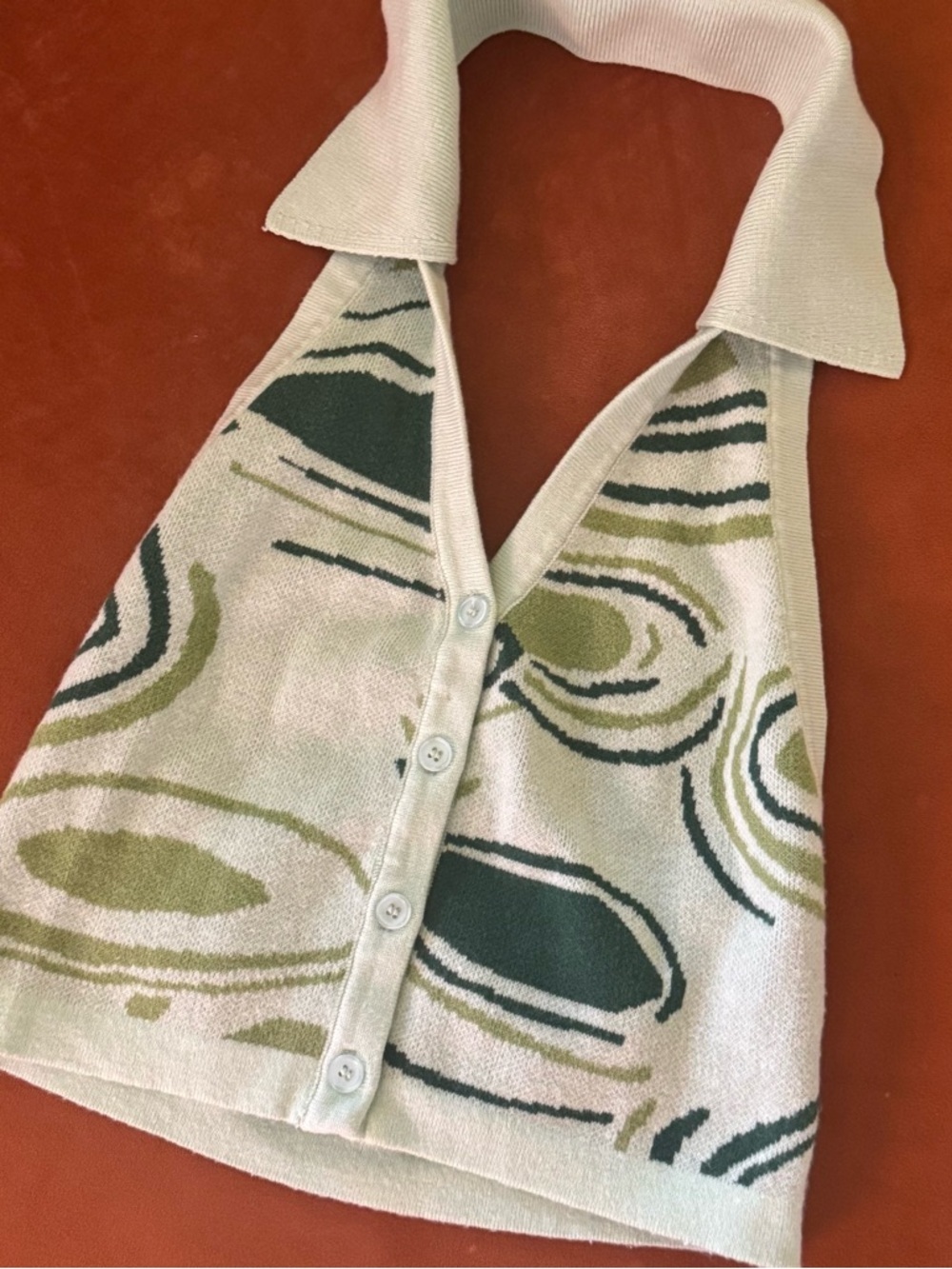 Sleeveless Collared Knit Crop Tank w Retro Green Print - Excellent Condition - Picture 7 of 9